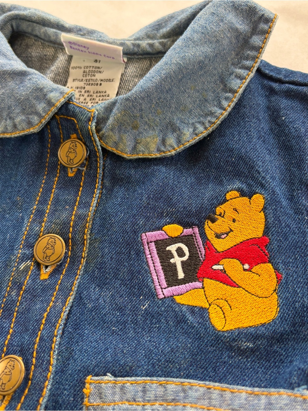Vintage Pooh Bentex Kiddie Corp Denim Long Sleeve Button Down Dress 4T
